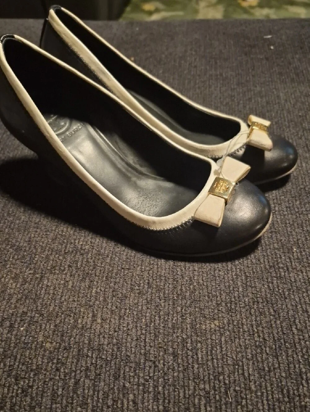 Tory Burch Black Wedge Pumps with Cream Trim and Bow Accent